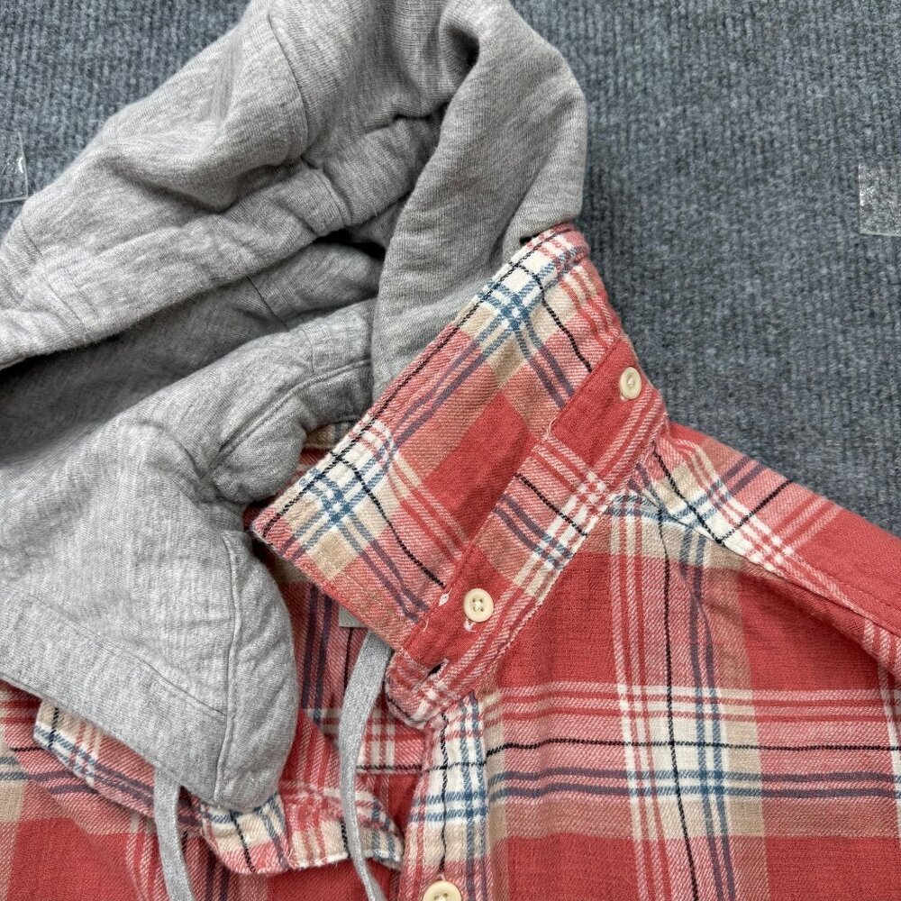 American Eagle Mens L Plaid Flannel Shirt Shacket Removeable Hood Cabincore Red - Picture 3 of 13
